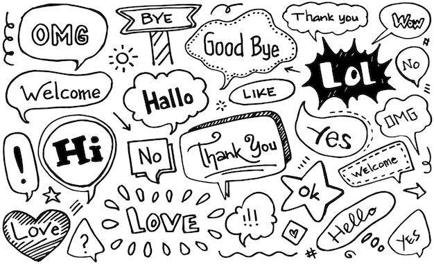 Hand drawn set of cute speech bubbles with text in doodle style vector illustration