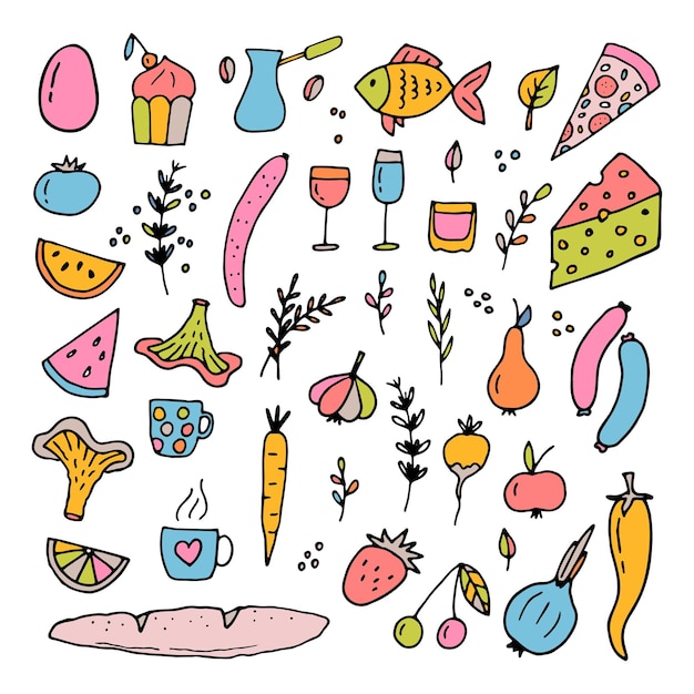 Vector hand drawn set of different food and drinks doodle style healthy food ingredients