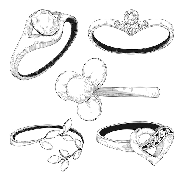 Vector hand drawn a set of different jewelry rings.