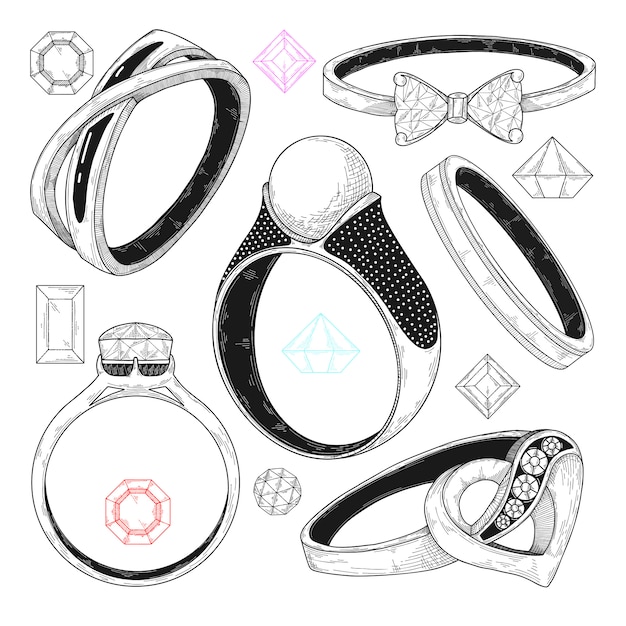 Vector hand drawn a set of different jewelry rings.