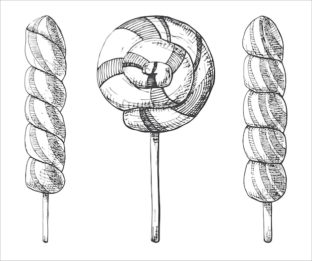 Insieme disegnato a mano di diversi lecca-lecca. illustrazione di uno stile di schizzo.