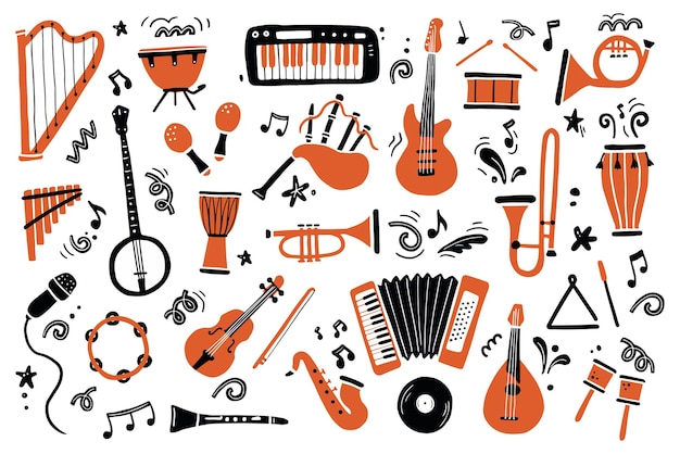 Vector hand drawn set of different types musical instruments