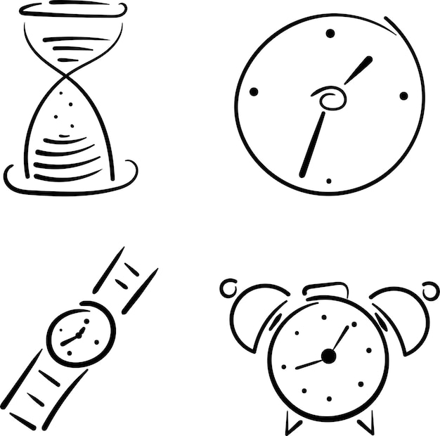 hand drawn set of doodle clocks and watches