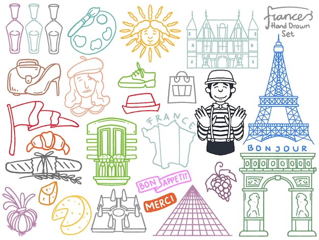 手描きのドードルセット フランス旅行セット 旅行概要ドードル 観光と夏のアドベンチャー