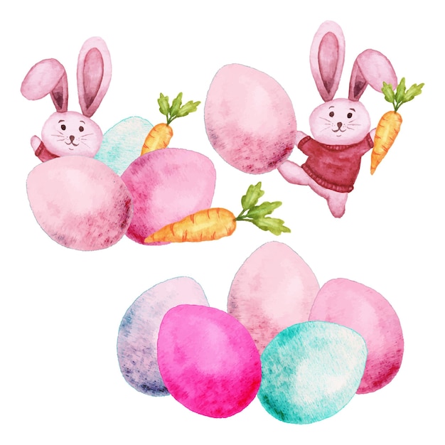 Vector hand drawn set of easter eggs and carrots