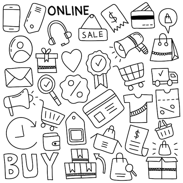 Insieme disegnato a mano dell'icona di e-commerce