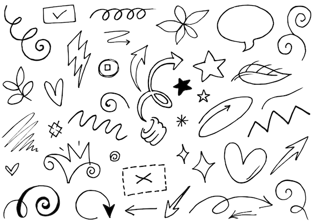 Hand drawn set elements Abstract arrows ribbon heart star leaf crown and other elements in hand drawn style for concept design Scribble illustration Vector illustration