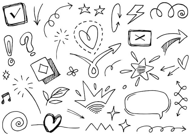 Элементы набора, нарисованные вручную Абстрактные стрелки, лента, сердце, звезда, лист, корона и другие элементы в стиле ручной работы для концептуального дизайна. Иллюстрация Scribble. Векторная иллюстрация.