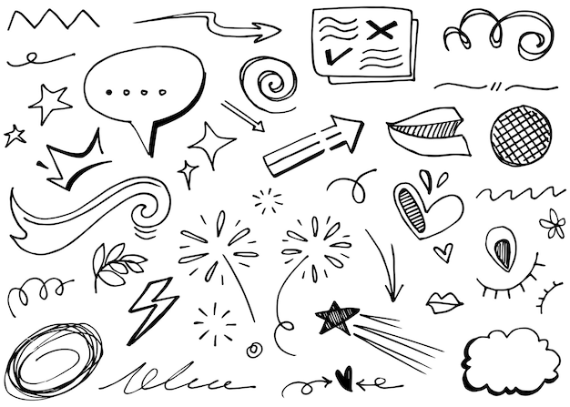 Hand drawn set elements abstract arrows ribbon heart star leaf crown and other elements in hand drawn style for concept design scribble illustration vector illustration