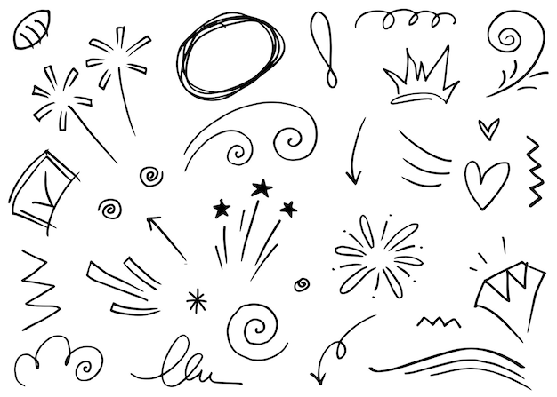 Элементы набора, нарисованные вручную Абстрактные стрелки, лента, сердце, звезда, лист, корона и другие элементы в стиле ручной работы для концептуального дизайна. Иллюстрация Scribble. Векторная иллюстрация.