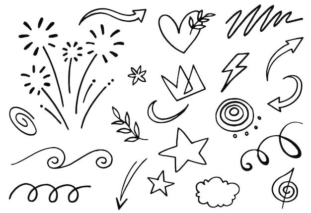 Hand drawn set elements Abstract arrows ribbons fireworks hearts lightninglove leaf stars crowns and other elements in a hand drawn style for concept designs Scribble illustration