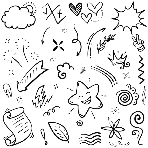 Нарисованные вручную элементы набора абстрактные стрелки, ленты, сердца, звезды, короны и другие элементы в рисованном стиле для концептуальных проектов иллюстрация scribble векторная иллюстрация