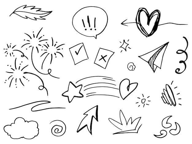 Vector hand drawn set elements abstract arrows ribbons hearts stars crowns and other elements in a hand drawn style for concept designs scribble illustration vector illustration