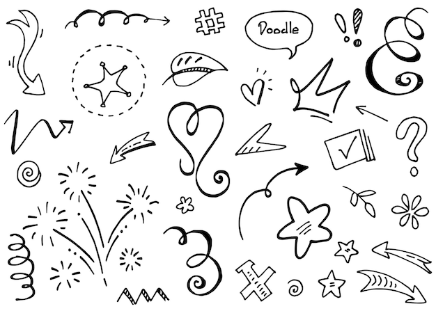 Hand drawn set elements Abstract arrows ribbons hearts stars crowns and other elements in a hand drawn style for concept designs Scribble illustration Vector illustration