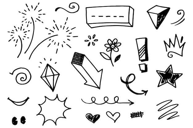 Hand drawn set elements Abstract arrows ribbons hearts stars crowns and other elements in a hand drawn style for concept designs Scribble illustration Vector illustration