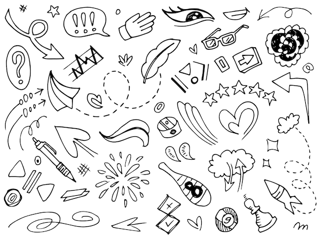 Vettore elementi di set disegnati a mano frecce astratte ribbonsfingers palle da biliardo foglie e altri elementi in stili disegnati a mano per concept design illustrazione vettoriale di un doodle