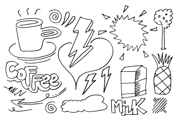 Hand drawn set elements black arrows hearts coffee trees pineapple lightning milk for concept design