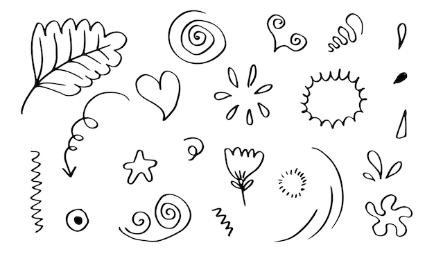 Vector hand drawn set elements black on white background arrow heart love star leaf light.