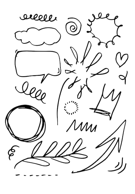 Hand drawn set elements black on white background Arrow heart love star leaf sun light flower crown king queenSwishes swoops emphasis swirl heart for concept design