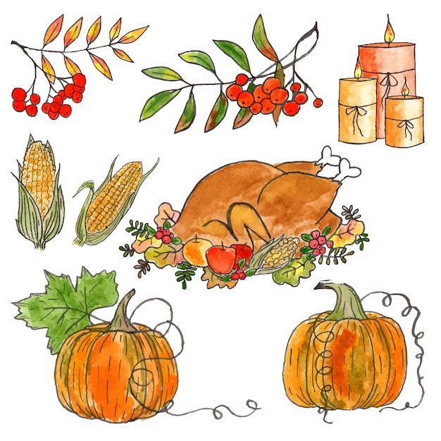 感謝祭の日の要素の手描きのセット。水彩とライナー