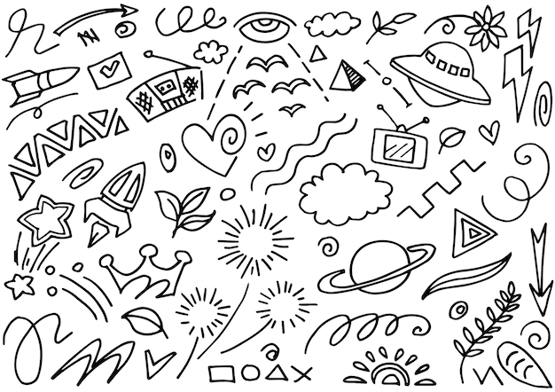 Hand drawn set elementsAbstract arrows ribbons and other elements in hand drawn style for concept design Doodle vector illustration