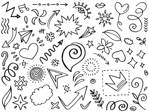 Hand drawn set elementsabstract arrows ribbons and other elements in hand drawn style for concept design doodle vector illustration