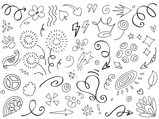 Hand drawn set elementsAbstract arrows ribbons and other elements in hand drawn style for concept design Doodle vector illustration