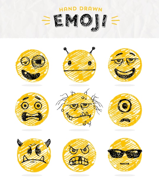 Vector hand drawn set of emoji smile icons