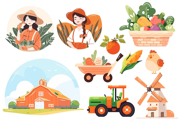 Vector hand drawn set of farmer and farm objects in flat style isolated on background