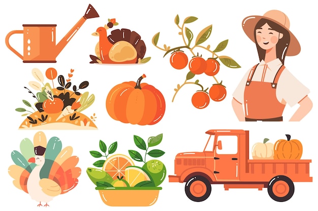 Set disegnato a mano di agricoltori e oggetti agricoli in stile piatto isolati sullo sfondo