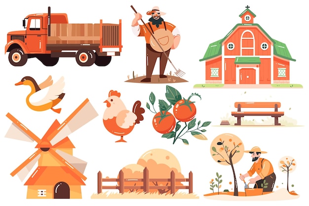 Hand Drawn Set of Farmer and farm objects in flat style isolated on background