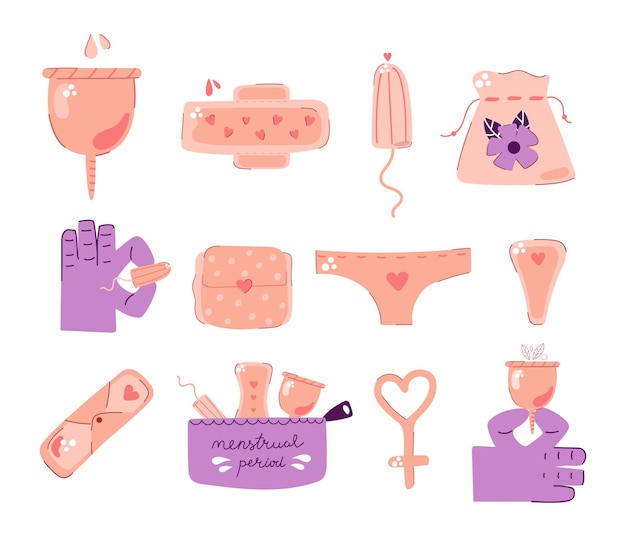 Vector hand drawn set of feminine hygiene items menstrual period tampon woman pad menstrual cup