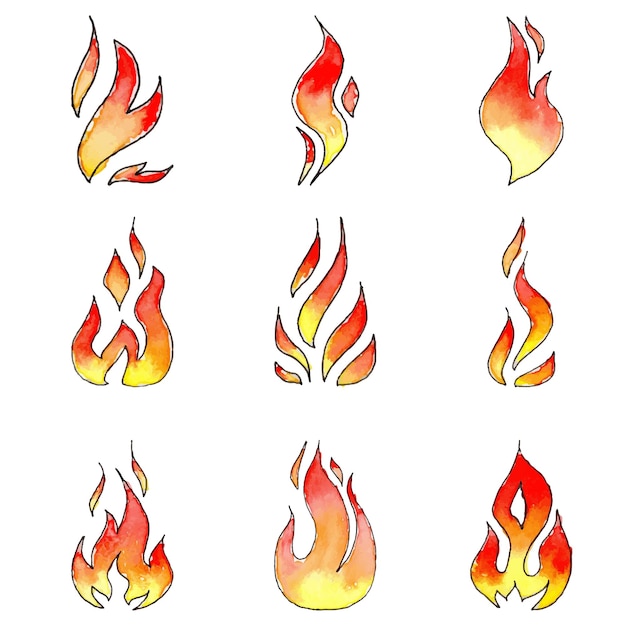 Hand drawn set of fire icons Set of symbol of fire Watercolor and liner