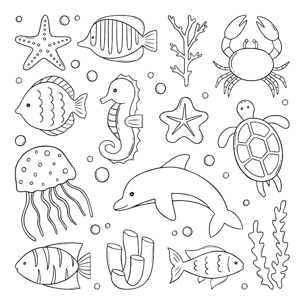 Insieme disegnato a mano di pesci e animali marini selvatici doodle sea life in stile schizzo