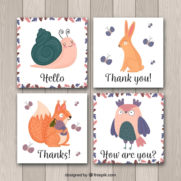 Vector hand drawn set of fun animals cards