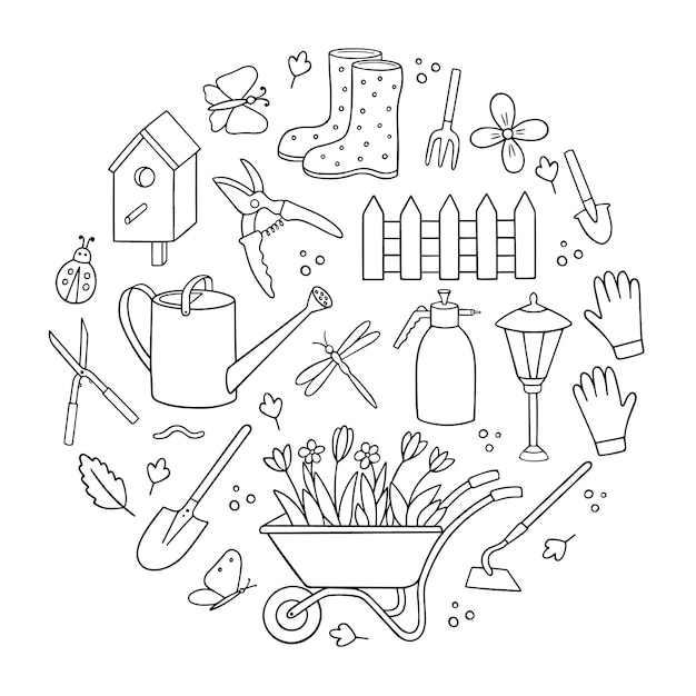 Vettore set disegnato a mano di scarabocchi da giardinaggio attrezzi da giardino attrezzature per l'agricoltura in stile schizzo