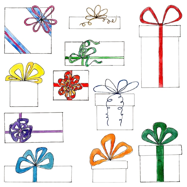 Vector hand drawn set of gift boxes colored vector collection watercolor and liner