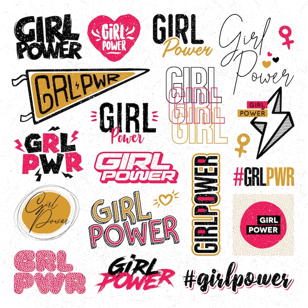 Vector hand drawn set of girl power stickers