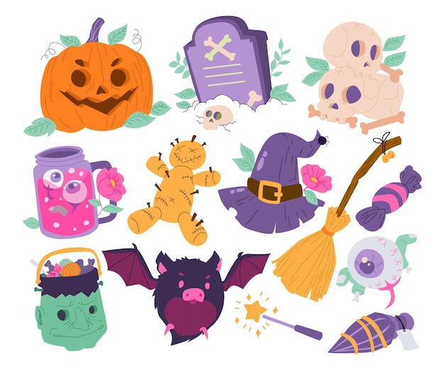 Hand drawn set of Halloween Objects Character Elements,  Vector illustration collections bundle set