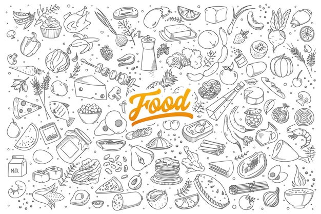 Hand drawn set of healthy food ingredient doodles with lettering in vector