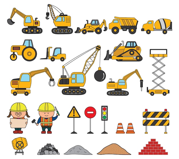 Hand drawn set Illustration vector of construction machines Incredible heavy machinery vehicles