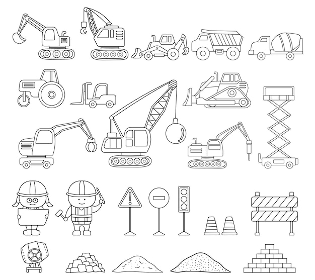 Vector hand drawn set illustration vector of construction machines incredible heavy machinery vehicles