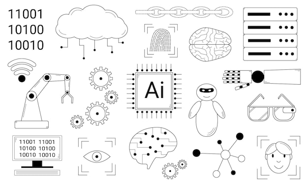 Vector hand drawn set of illustrations about artificial intelligence modern technologies