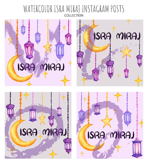 Hand drawn set of isra miraj instagram posts