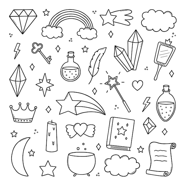 Hand drawn set of kids magic and fantasy doodle Magic items rainbow crystal mirror stars in sketch style