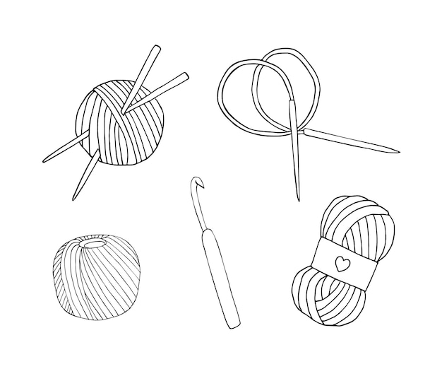 Premium Vector | Hand drawn set of knitting accessories threads and needles