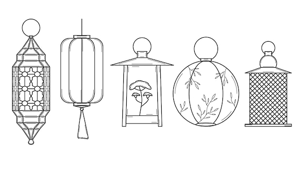 Set di lanterne disegnate a mano. lanterne orientali e asiatiche con ornamenti. stile scarabocchio. vettore.