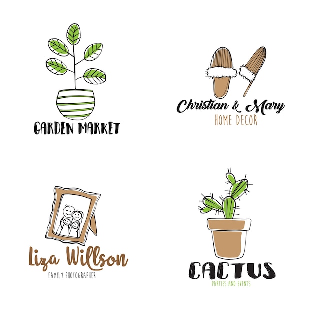 Vector hand drawn set of logos with cozy home elements