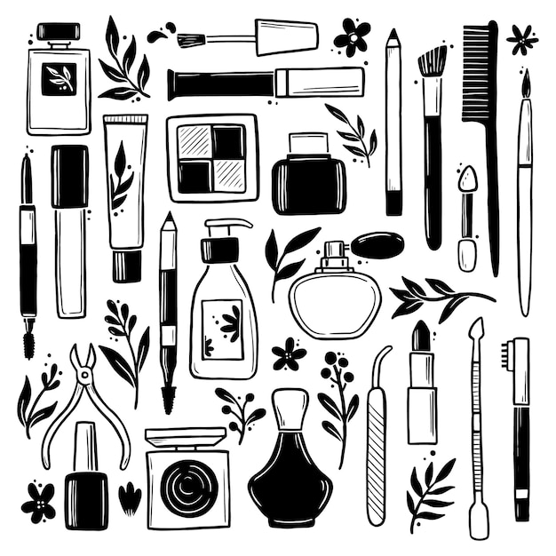 Vector hand drawn set of makeup beauty cosmetic elements