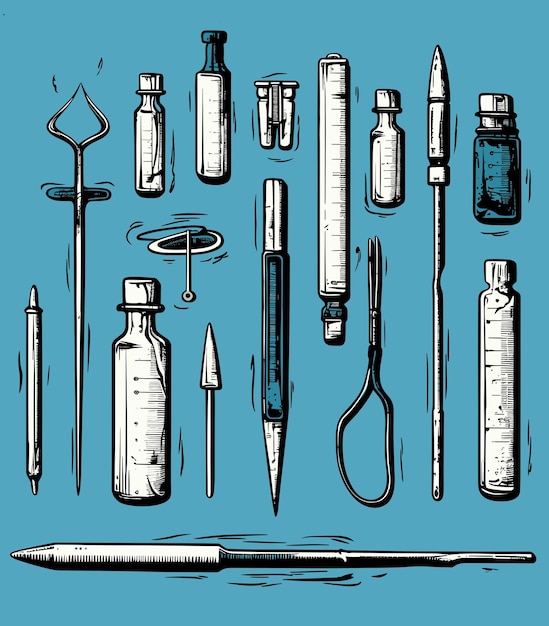 Vector hand drawn set of medical tools vector illustration in sketch style